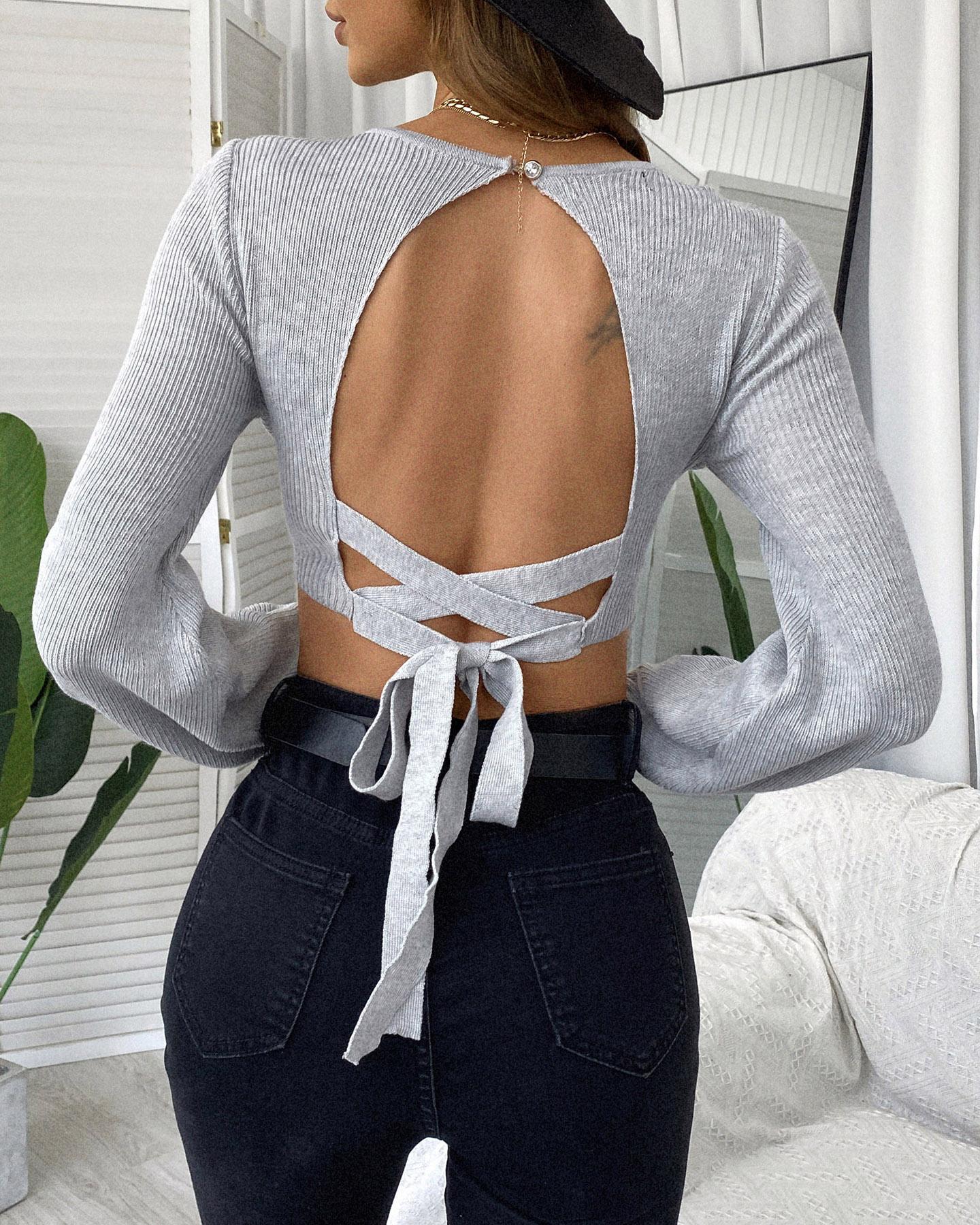 

Lantern Sleeve Knotted Backless Sweater, Gray