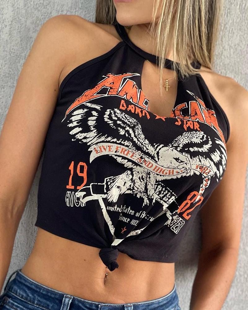 

Eagle Letter Print Cutout Tank Top, Black