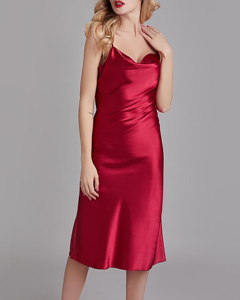 

Satin Spaghetti Strap Casual Nightgown, Wine red