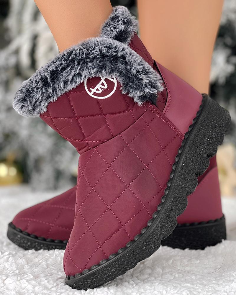 

Quilted Argyle Lined Waterproof Winter Ankle Boots, Wine red
