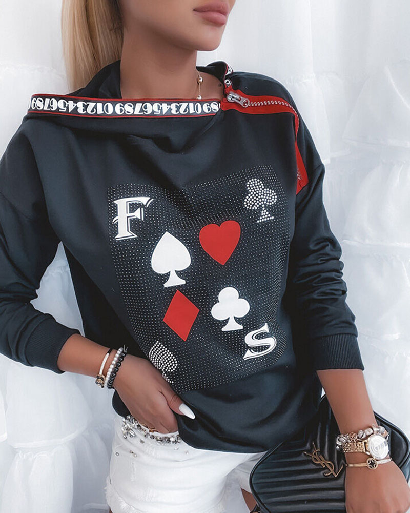 

Poker Print Rhinestone Zipper Detail Drop Shoulder Hoodie, Black