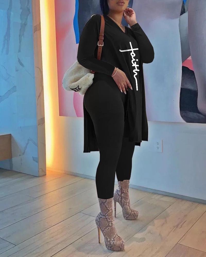

Letter Print Split Hem Long Sleeve Top & Pants Set, Black