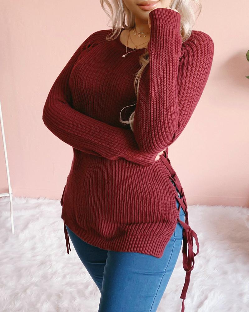 

Side Lace Up Long Sleeve Casual Knit Sweater, Red