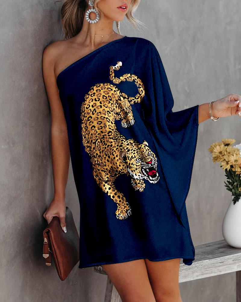 

Leopard Print One Shoulder Casual Dress, Purplish blue