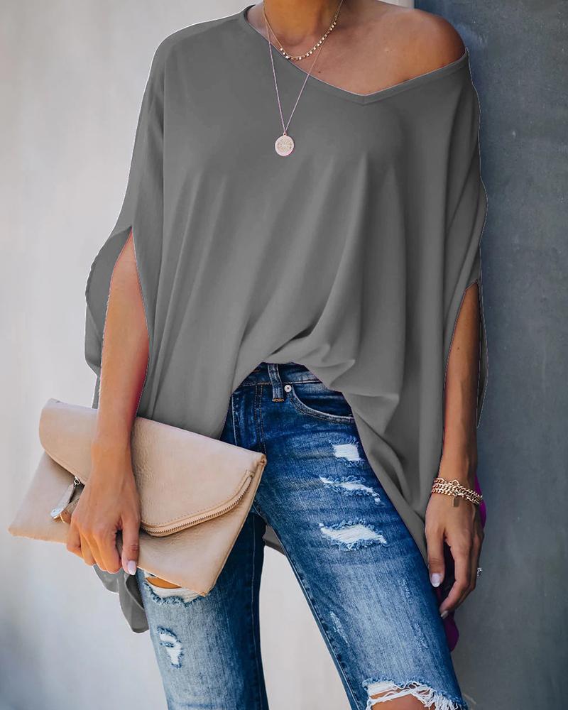 

Solid Color Bat Sleeve Blouse, Gray