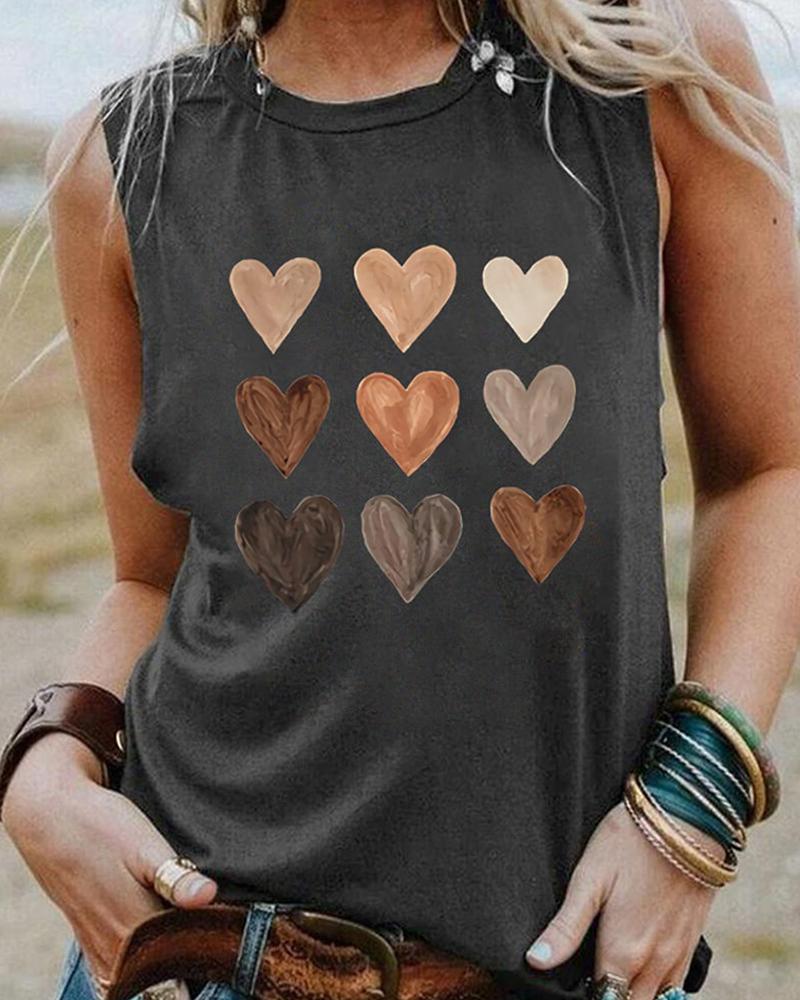 

Heart Print Sleeveless O-neck Tank Top, Dark grey