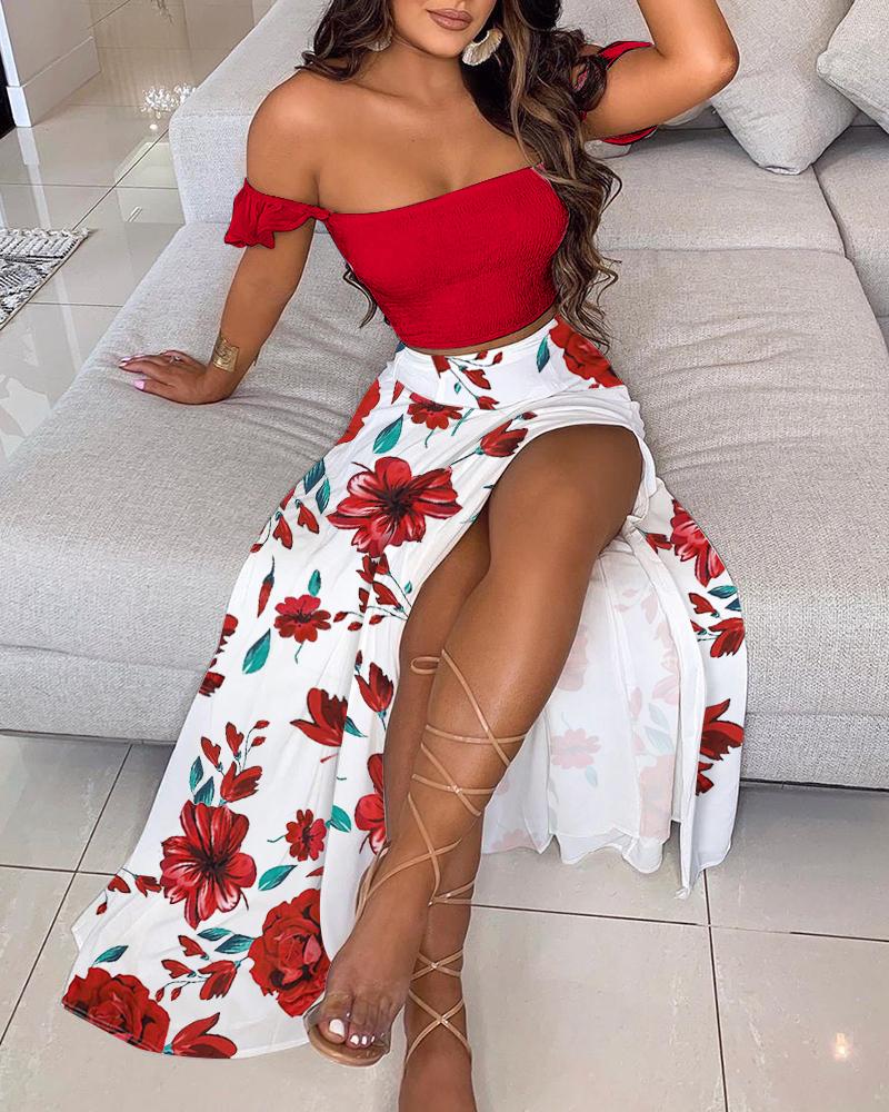 

Off Shoulder Ruffles Top & Floral Print High Slit Skirt Set, Red