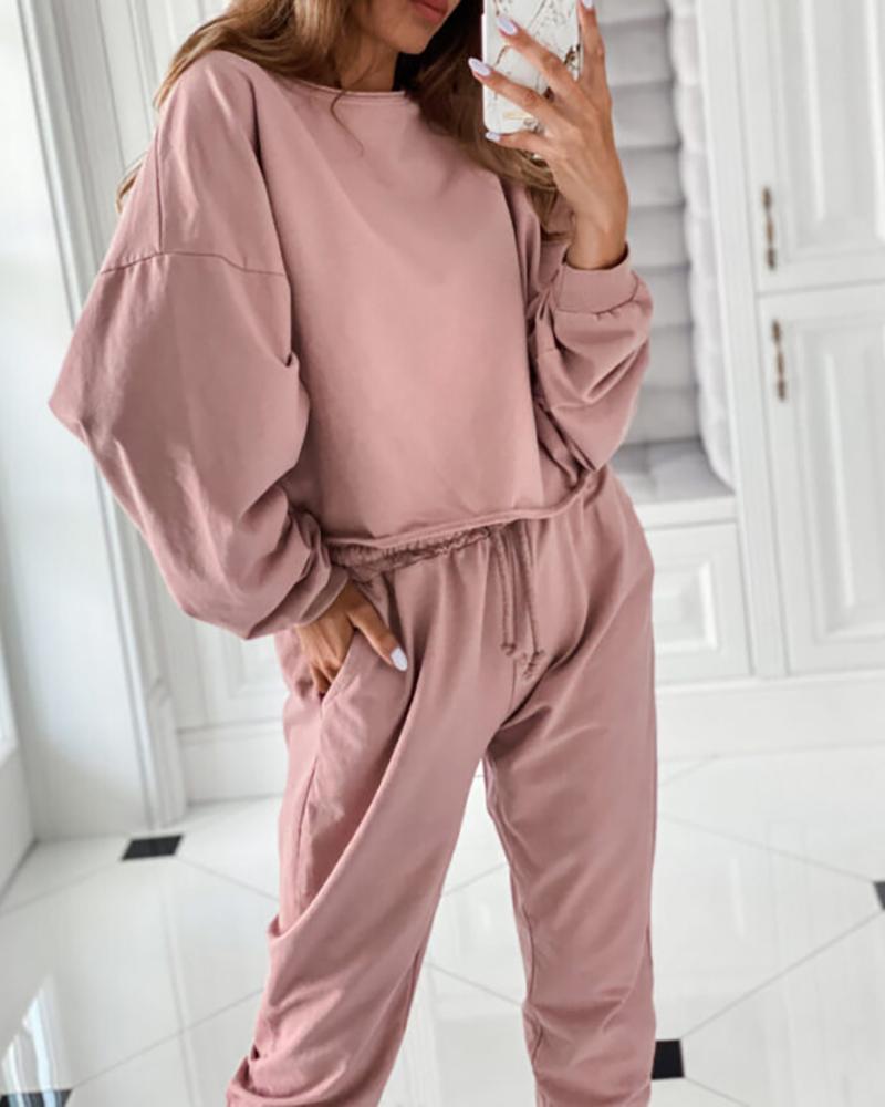 

Lantern Sleeve Solid Top & Drawstring Pants Sets, Pink