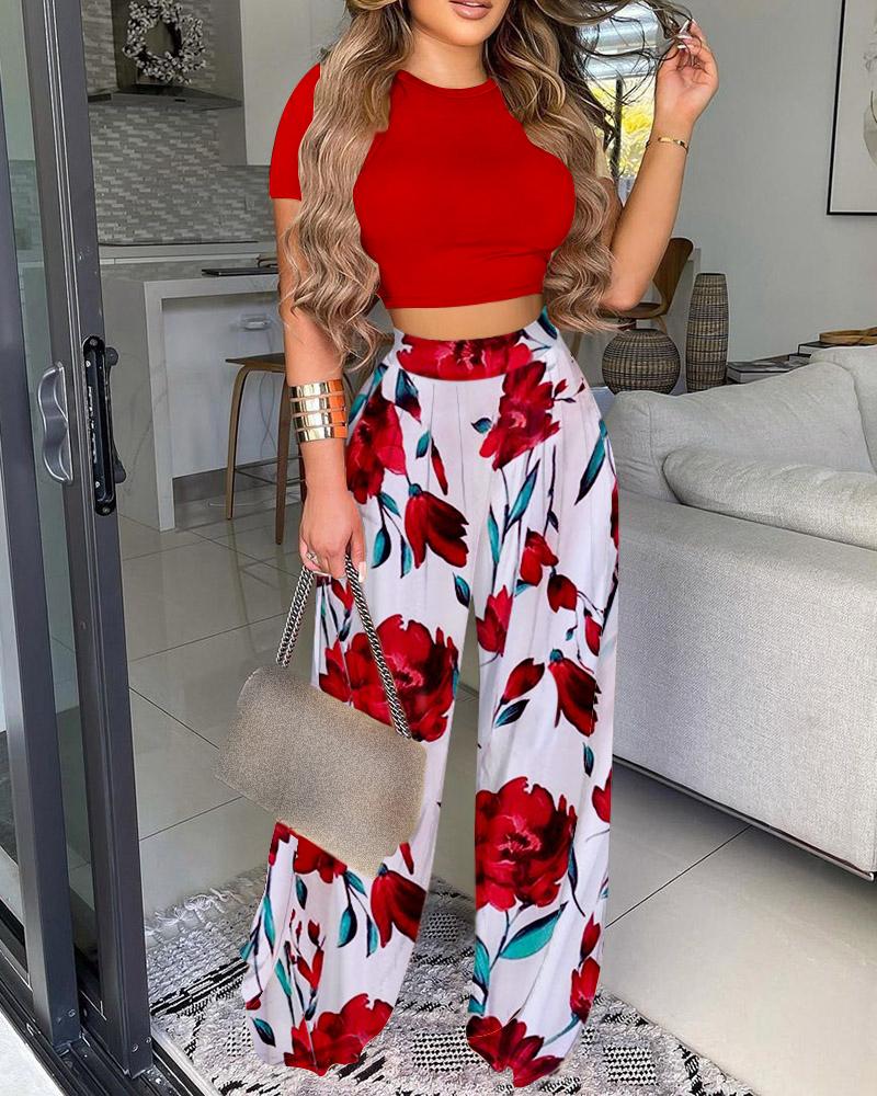 

O-neck Top & Floral Print Wide Leg Pants Set, Red