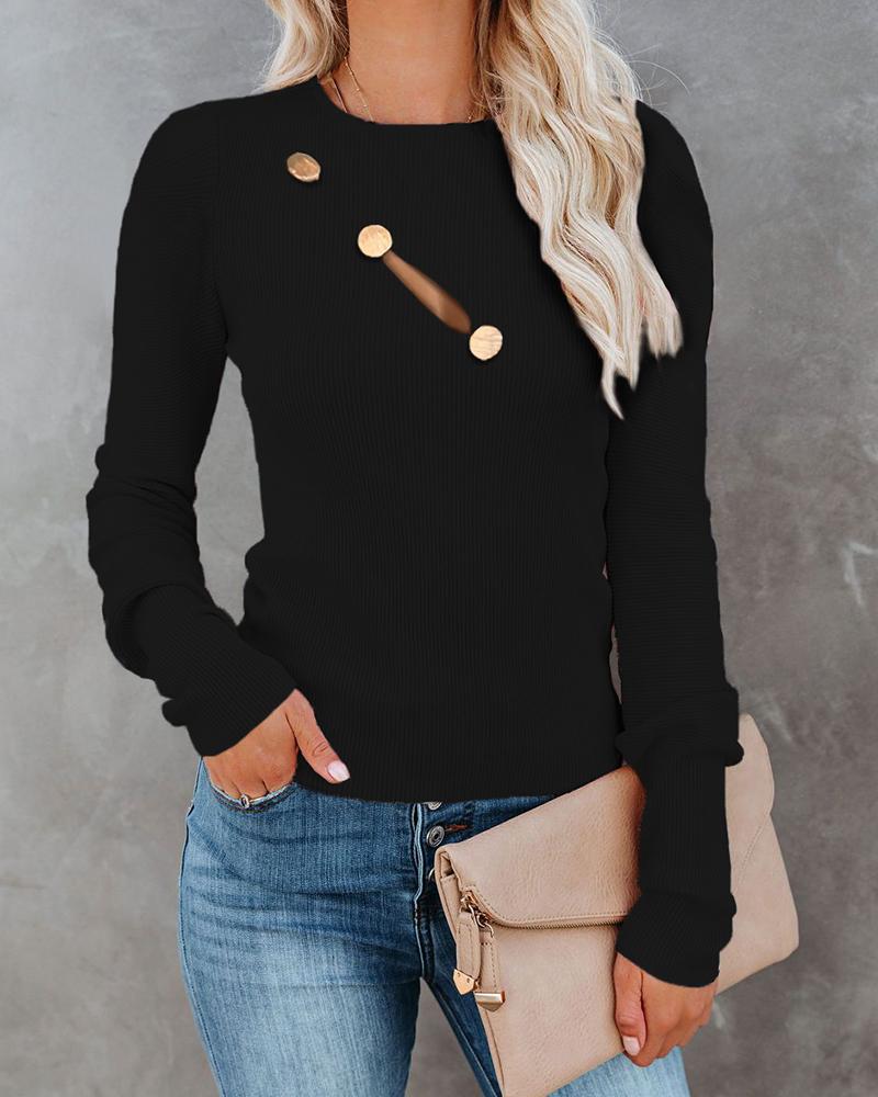 

Button Decor Cutout Long Sleeve Top, Black