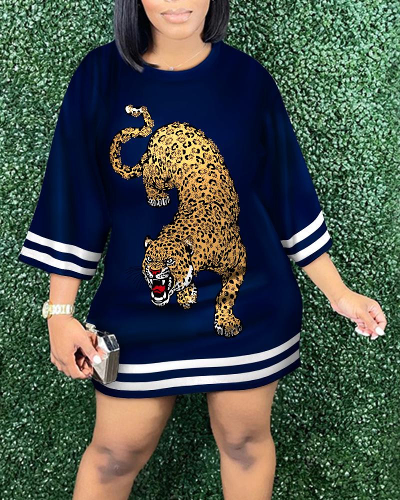 

Leopard Striped Print Casual Dress, Dark blue