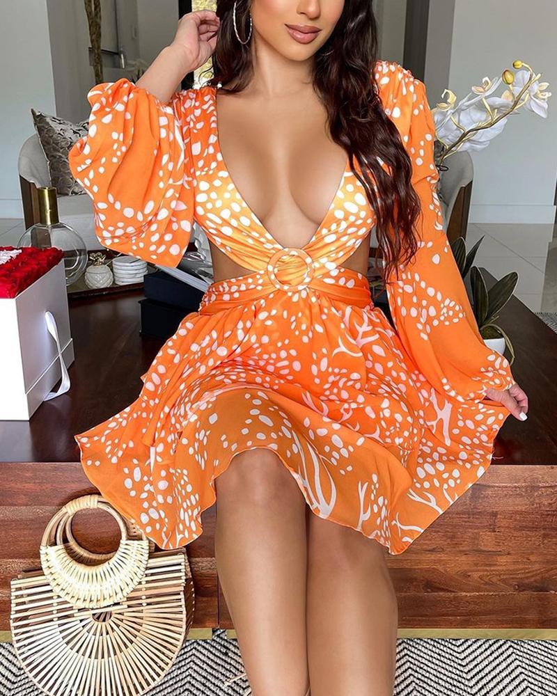 

Graphic Print Cutout Waist Lantern Sleeve Layered Dress, Orange