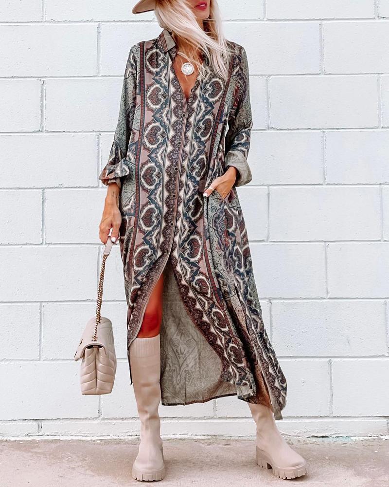 

Tribal Print Long Sleeve Button Front Shirt Dress, Coffee