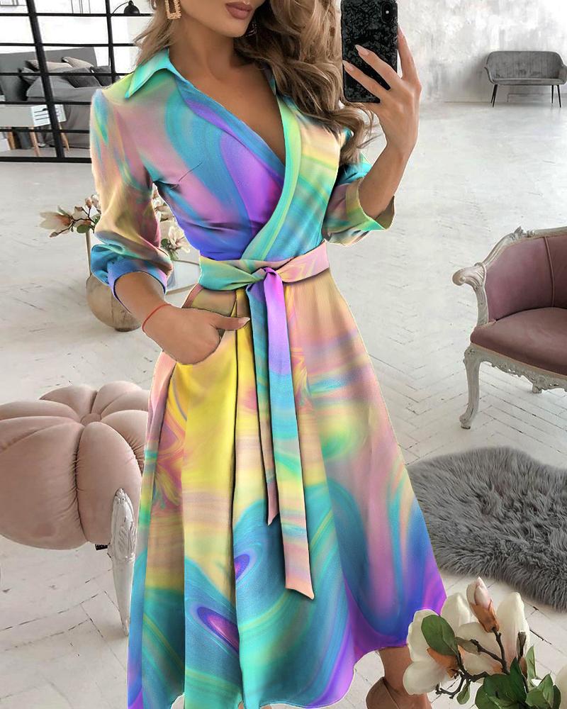 

Colorblock Tied Detail Surplice Neck Dress, Multicolor