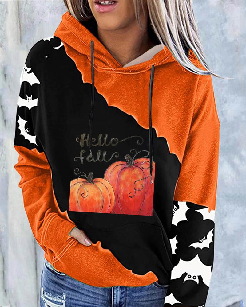 

Halloween Pumpkin Bat Print Long Sleeve Hoodie, Black