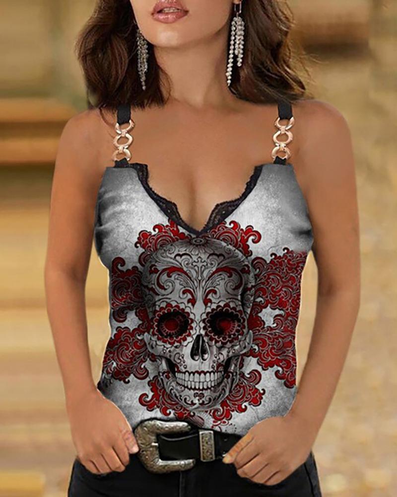 

Skull / Floral / Figure Print Chain Strap Lace Trim Top, Style1