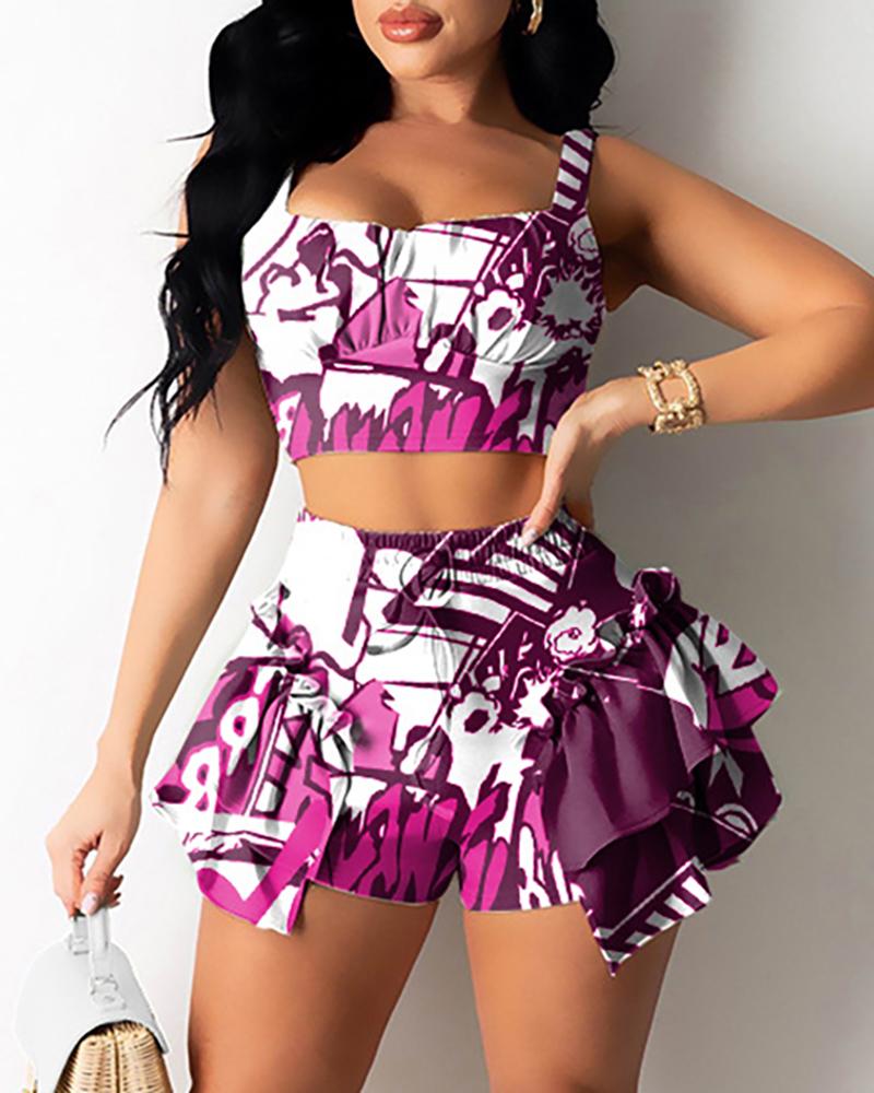 

Graphic Print Square Neck Crop Top & Ruffles Frill Hem Shorts Set, Hot pink