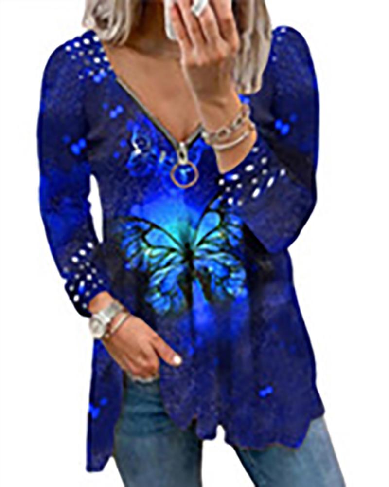 

Butterfly Print Zip Front Long Sleeve Top, Blue