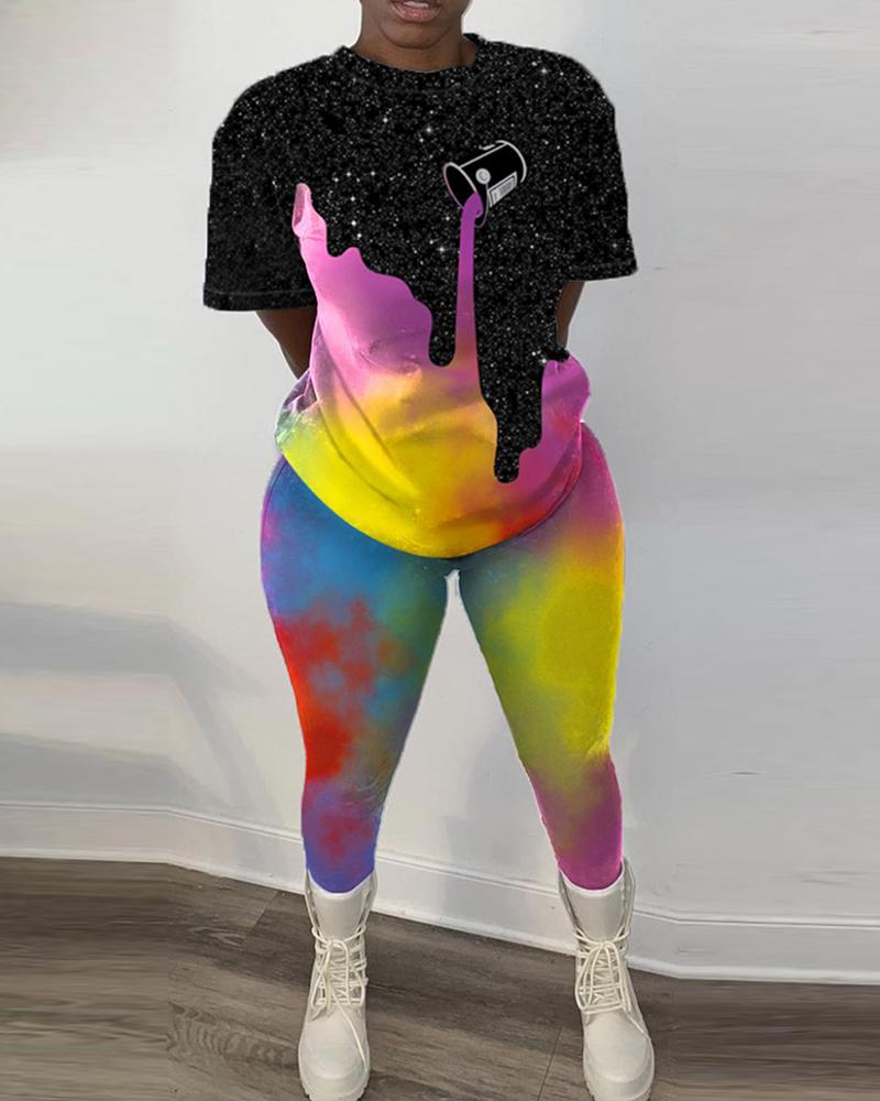 

Graphic Print Top & Tie Dye Print Skinny Pants Set, Multicolor