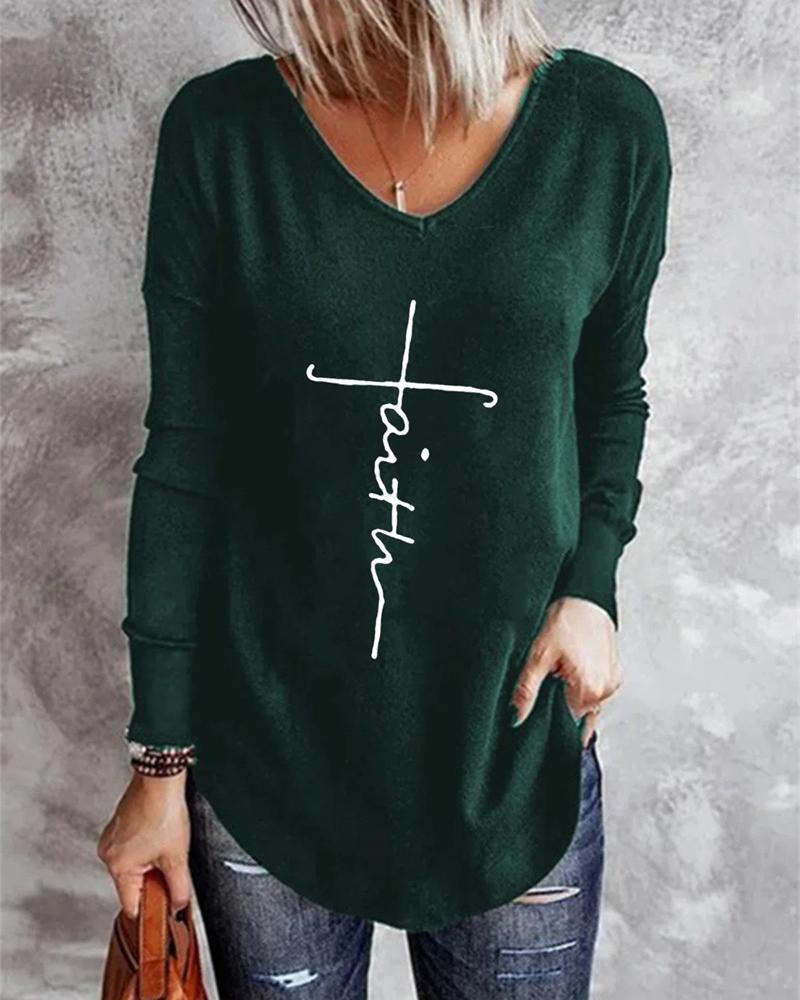 

Letter Print Long Sleeve T-shirt, Dark green