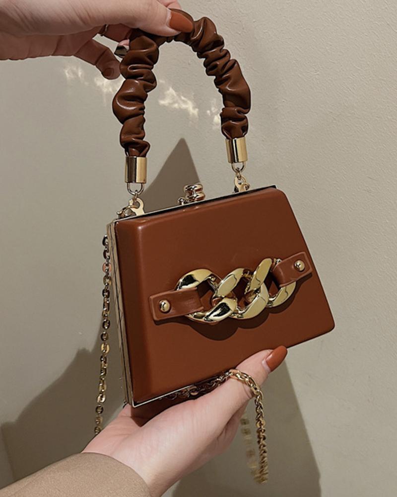 

PU Leather Chain Decor Top Handle Crossbody Bag, Brown