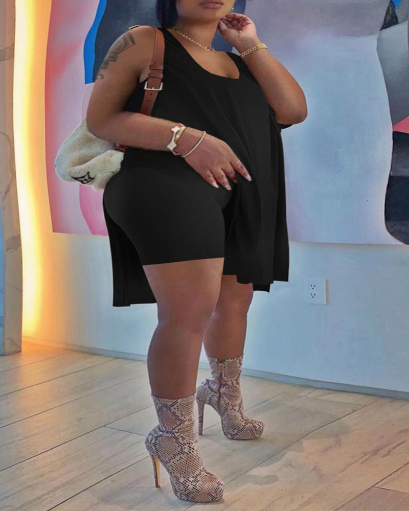 

Plus Size Side Slit Casual Tank Top & Shorts Set, Black