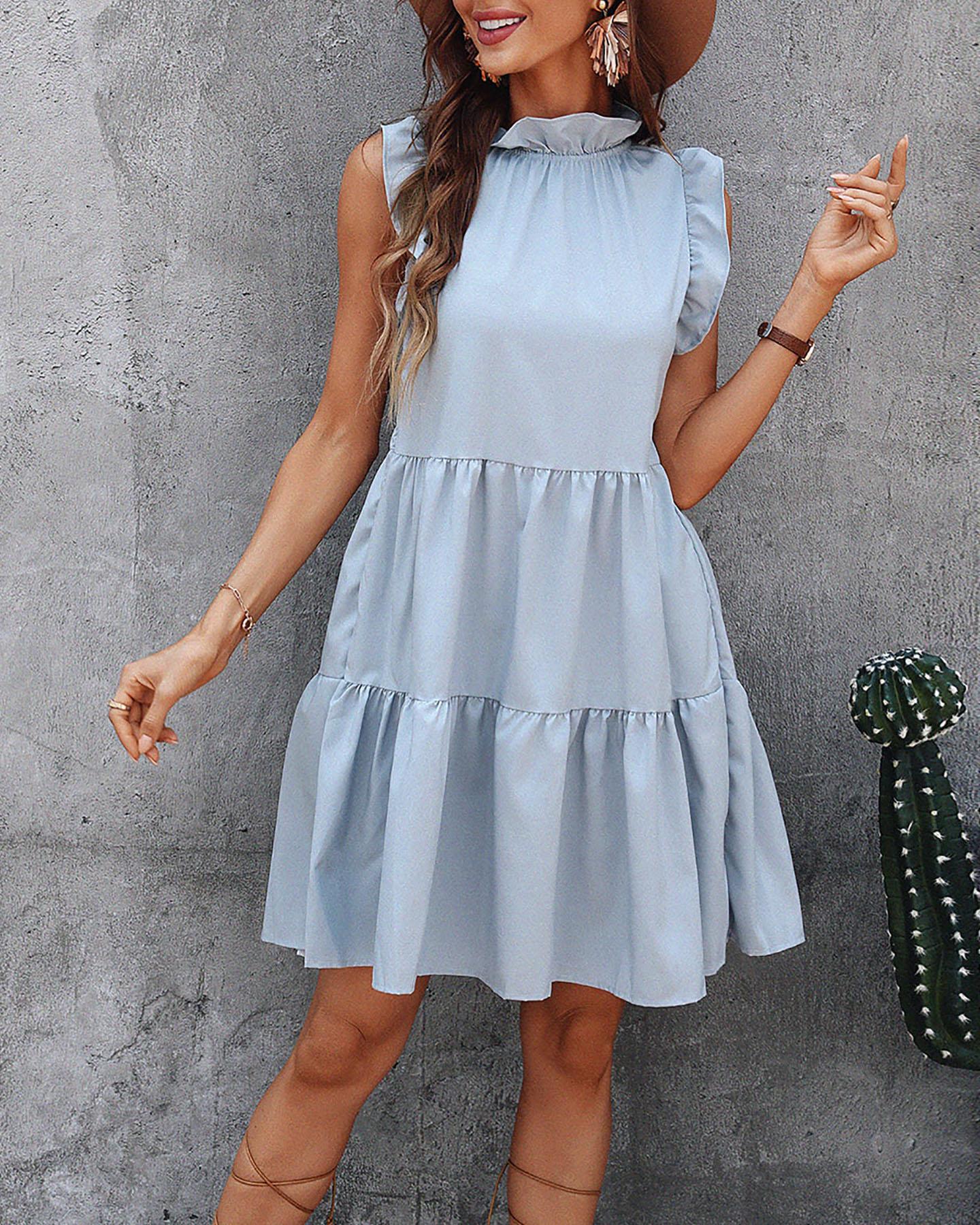 

Ruffles Trim Ruched Short Sleeve Casual Dress, Gray