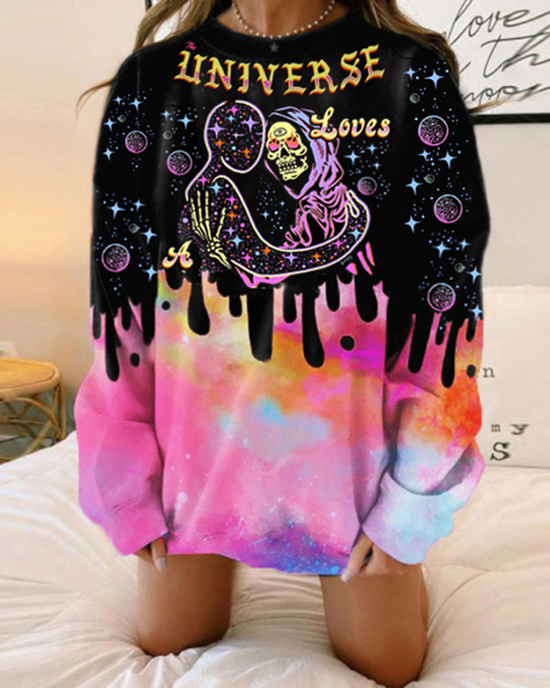 

Tie Dye Letter Graphic Print Long Sleeve Sweatshirt, Black