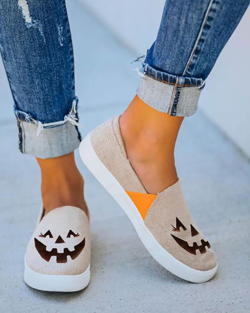 

Halloween Pumkin Print Canvas Shoes, Nude