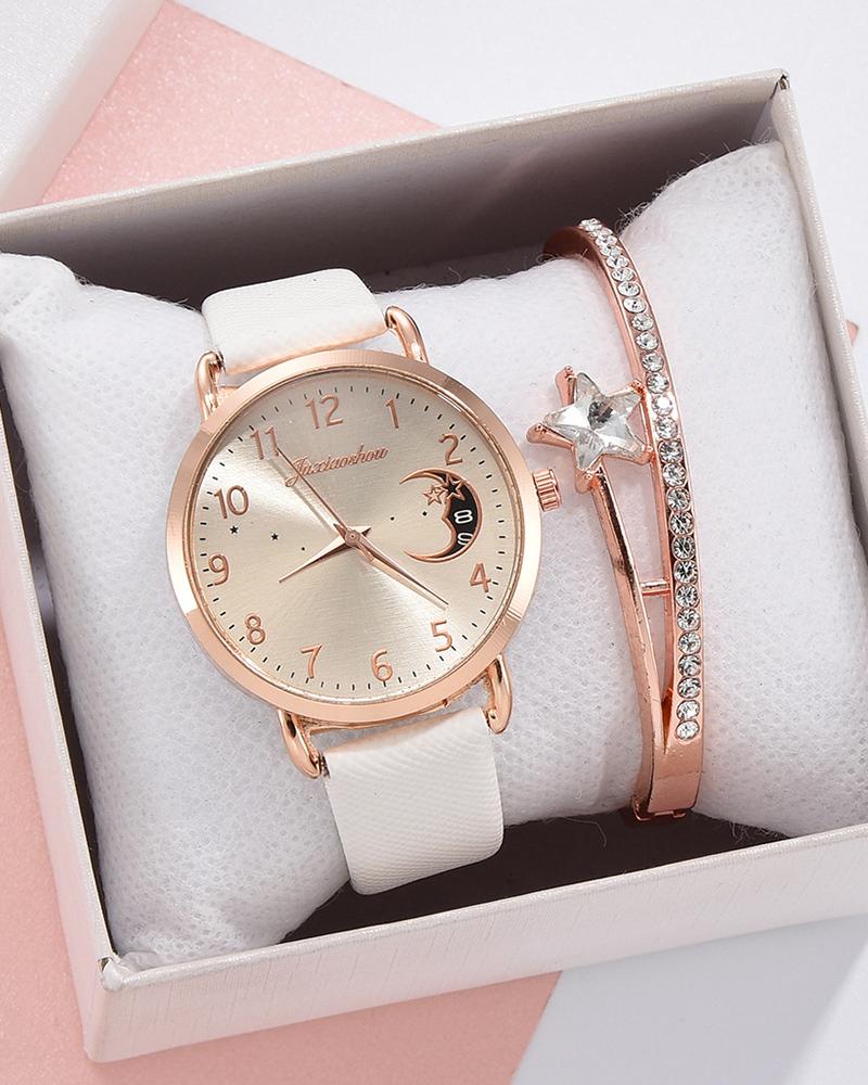 

Moon Print PU Leather Strap Quartz Watch & Rhinestone Bracelet Set, White