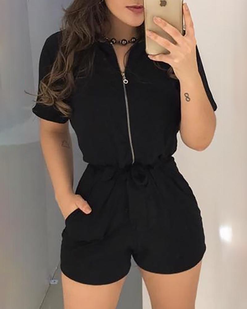 

Short Sleeve Zipper Design Romper, Black