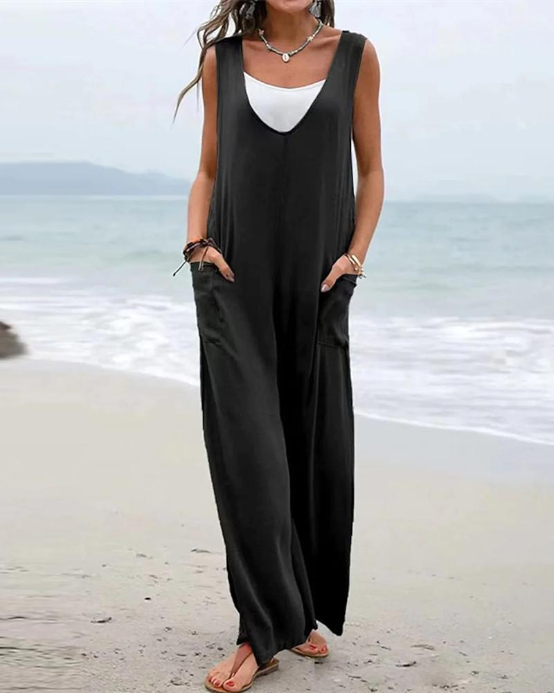 

Pocket Design Wide Leg Jumpsuit, Black