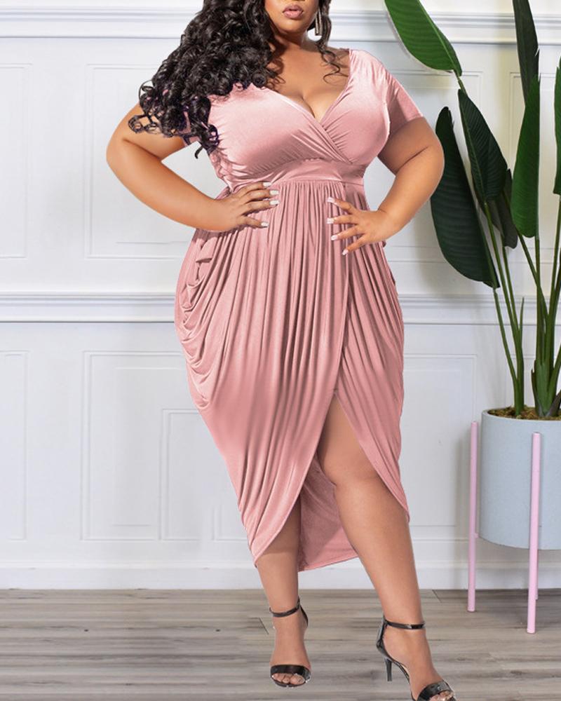 

Plus Size Short Sleeve Ruched Asymmetrical Dress, Pink