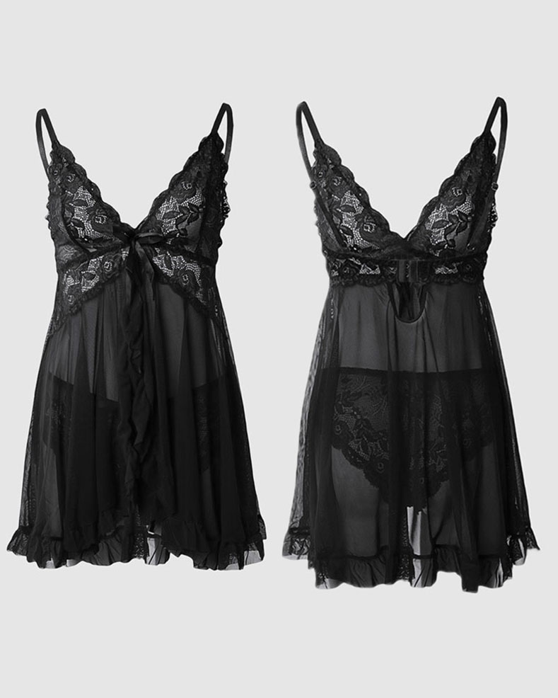 

Bowknot Decor Sheer Mesh Lace Babydoll With Thong, Black