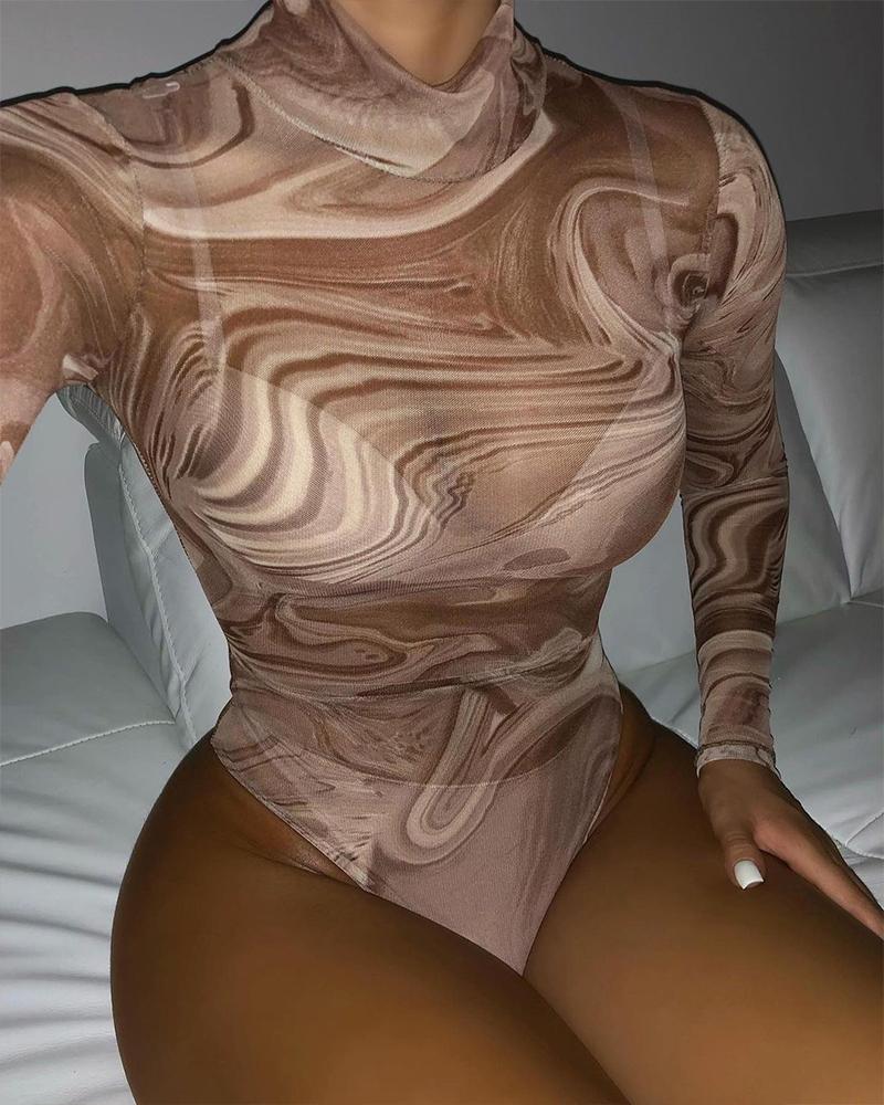 

Abstract Print Sheer Mesh Long Sleeve Bodysuit, Brown