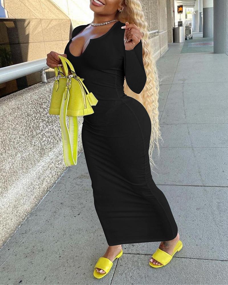 

Solid Deep V Neck Ribbed Maxi Dress, Black