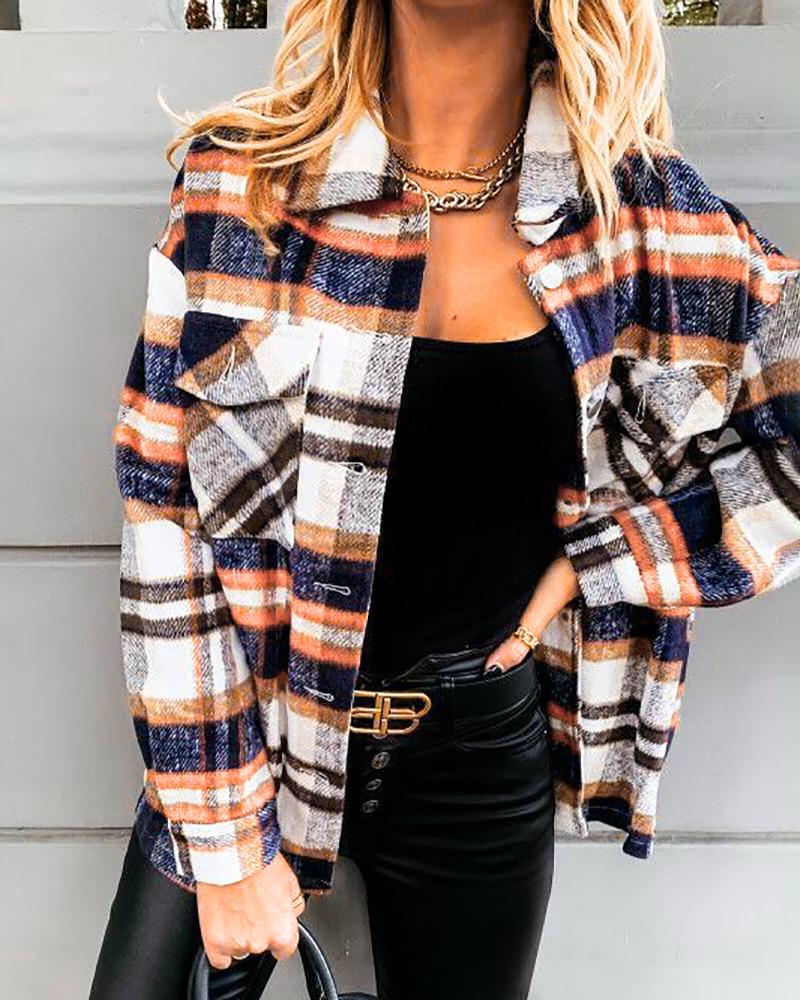 

Plaid Print Pocket Design Buttoned Shacket, Blue