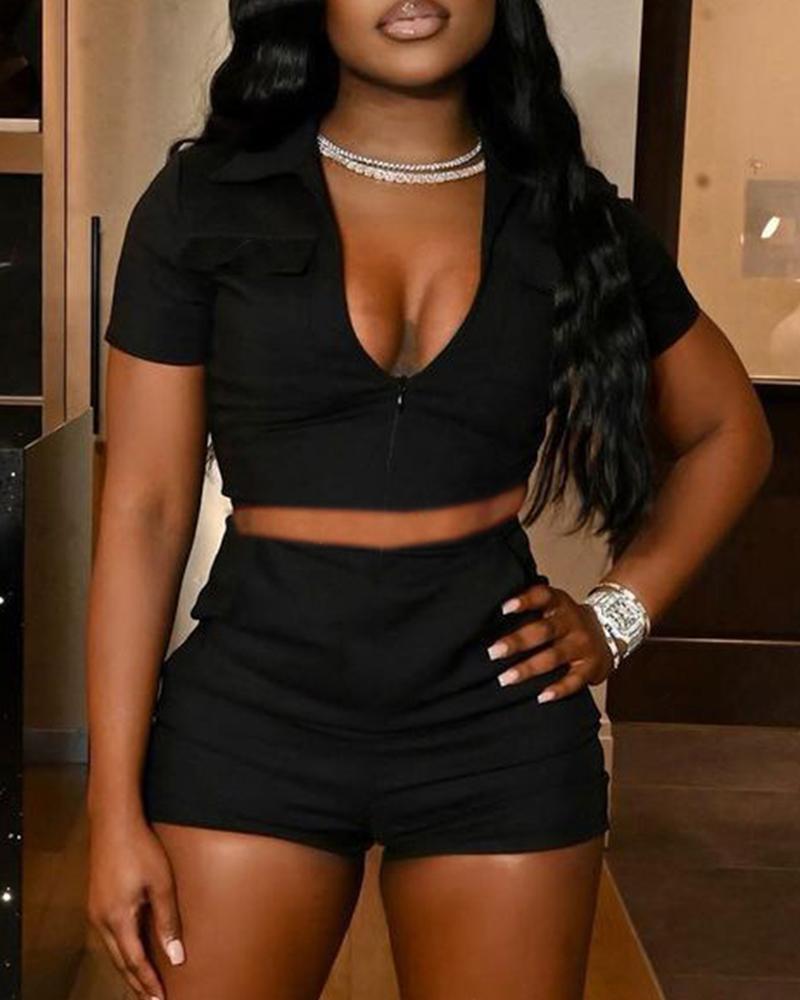 

Solid Color Zipper Front Crop Top & Shorts Set, Black