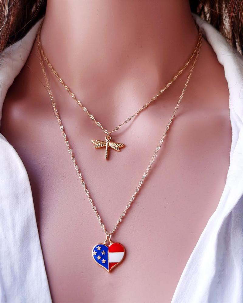

Independence Day Dragonfly Heart Flag Pattern Multi-layer Chain Necklace, Style3