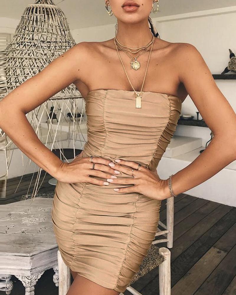 

Sleeveless Tube Ruched MiniDress, Khaki