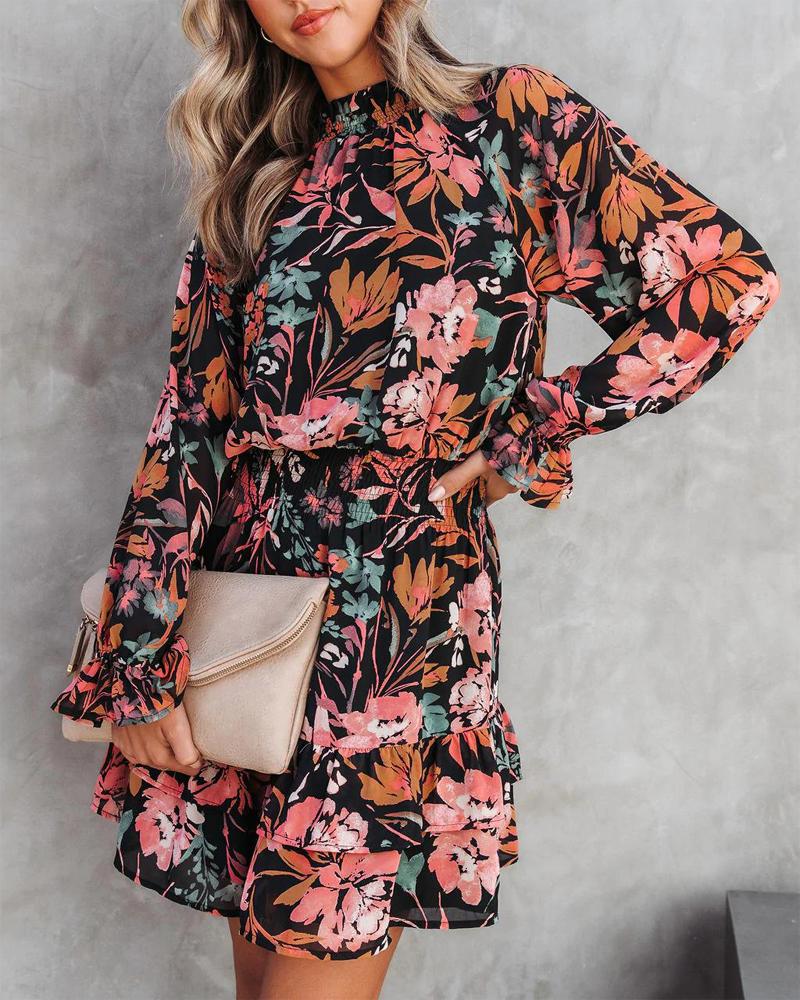 

Long Sleeve Ruffle Hem Plants Print Dress, Black