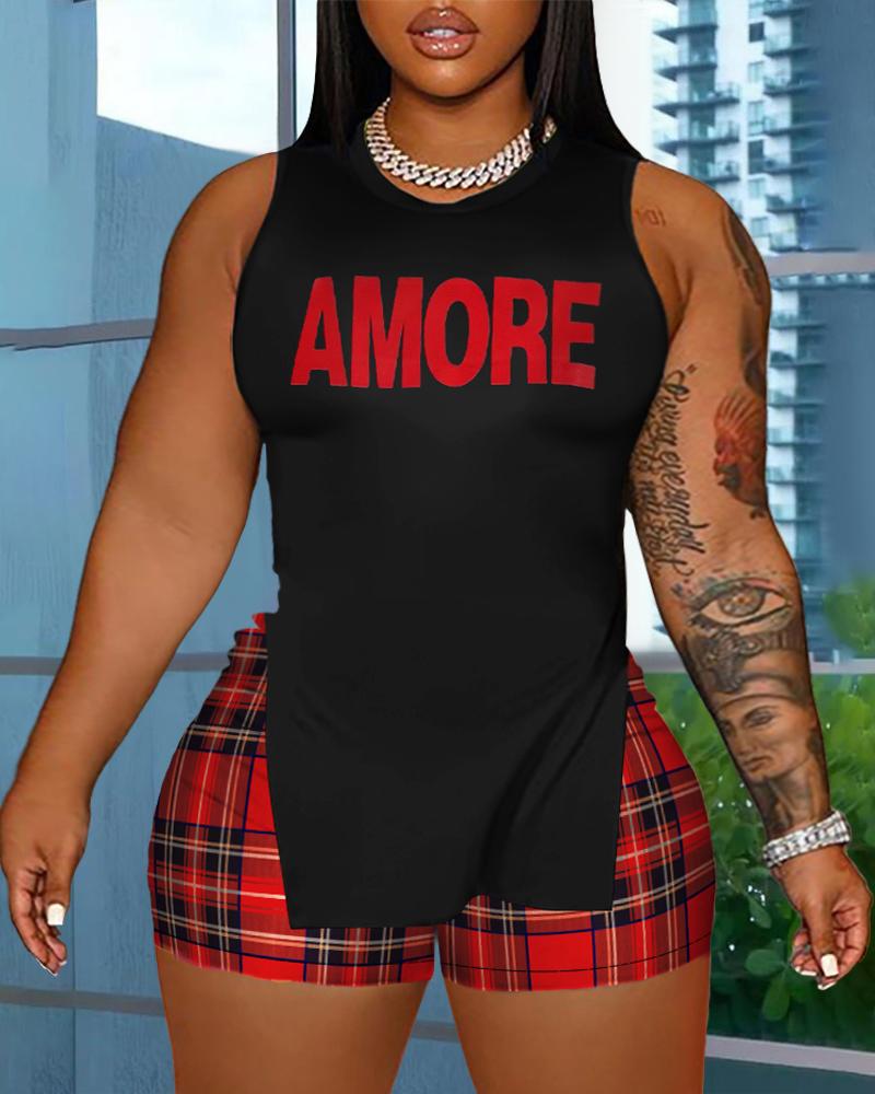

Plus Size Letter Pattern Slit Tank Top & Plaid Print Shorts Set, Black