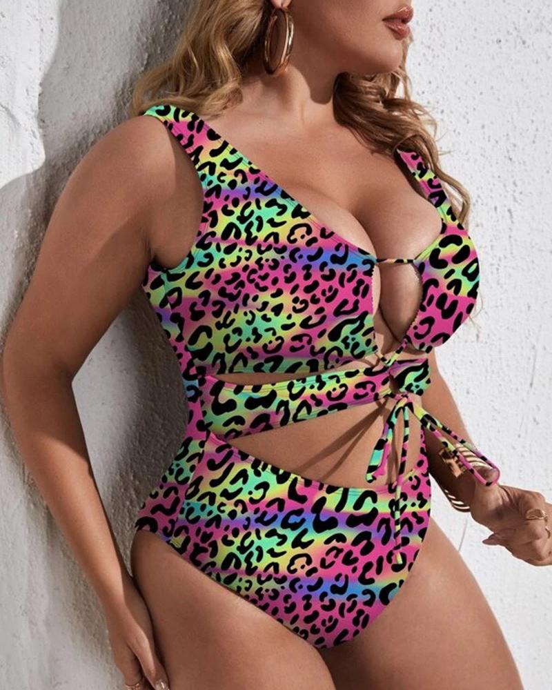 

Plus Size Cheetah Print Drawstring Cutout One Piece Swimsuit, Multicolor
