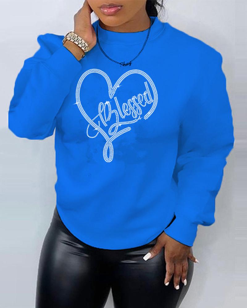 

Rhinestone Heart Letter Pattern O-Neck Sweatshirt, Blue