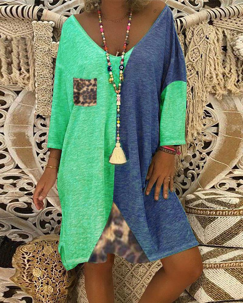 

Colorblock Loose Casual Women Dress, Green