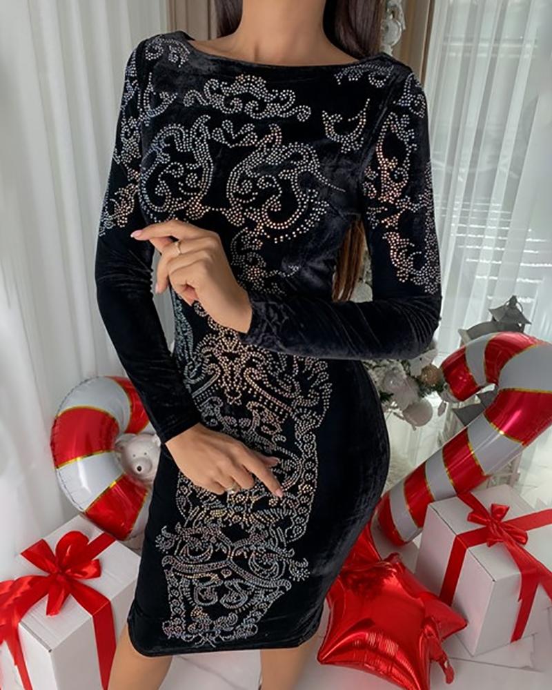 

Rhinestone Decor Long Sleeve Velvet Party Dress, Black