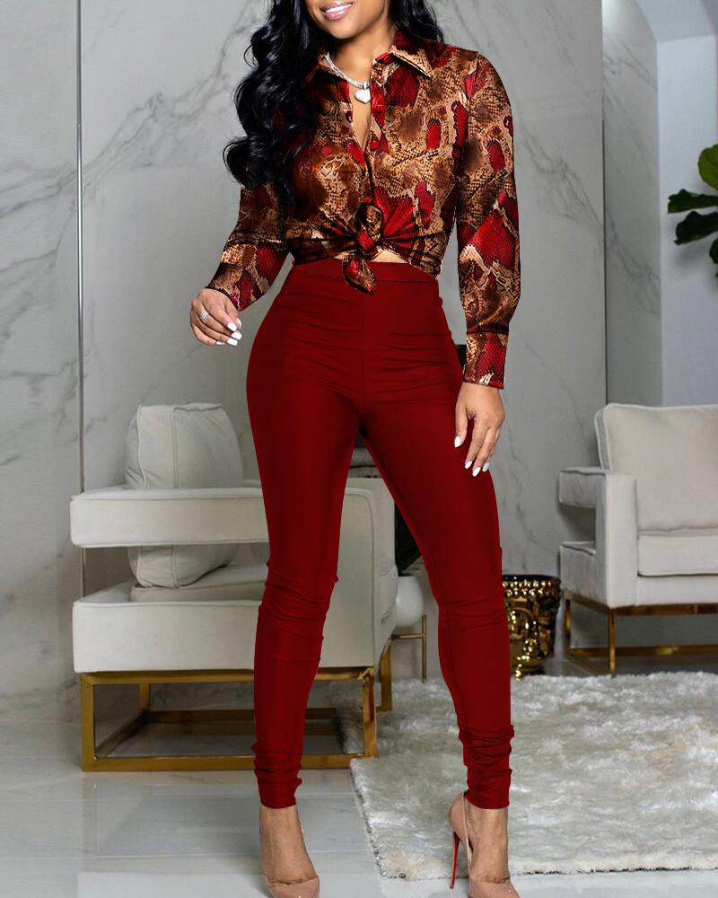 

Snakeskin Print Button Down Shirt & Pants Set, Red