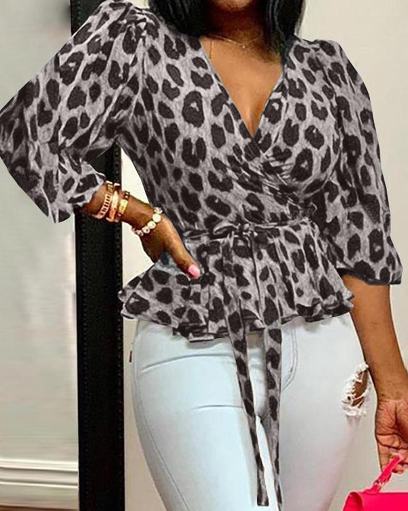 

Leopard Print Surplice Neck Bardot Peplum Belted Top, Brown