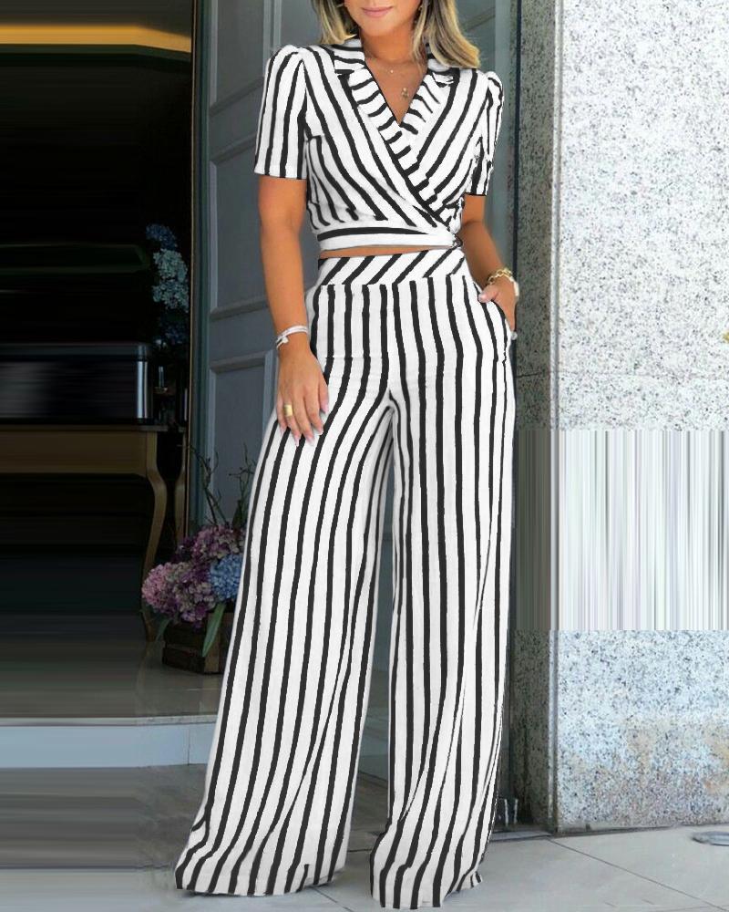 

Striped Crop Top & Wide Leg High Waist Pants Set, Black