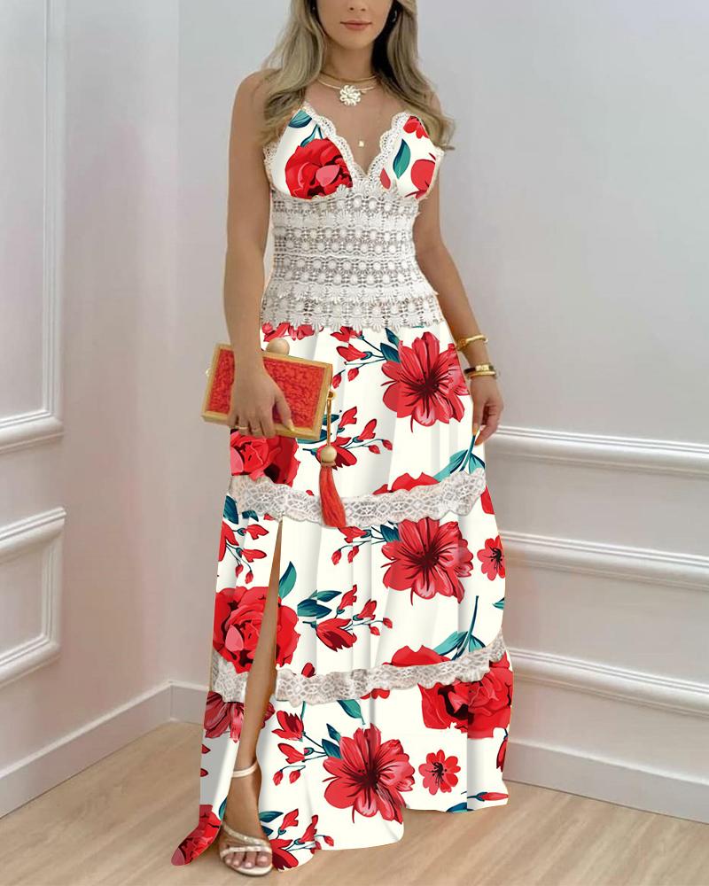 

Contrast Lace Split Hem Floral Print Maxi Dress, Style1